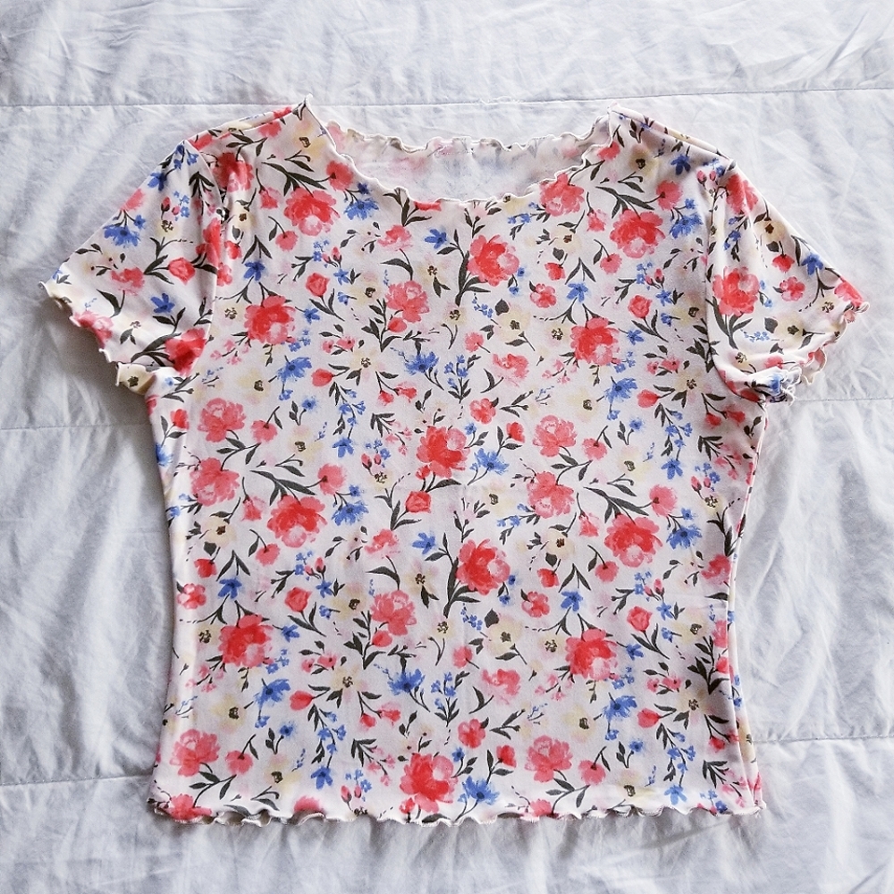 🌿Floral Crop Top ◇ Yellow, Blue, Coral + White